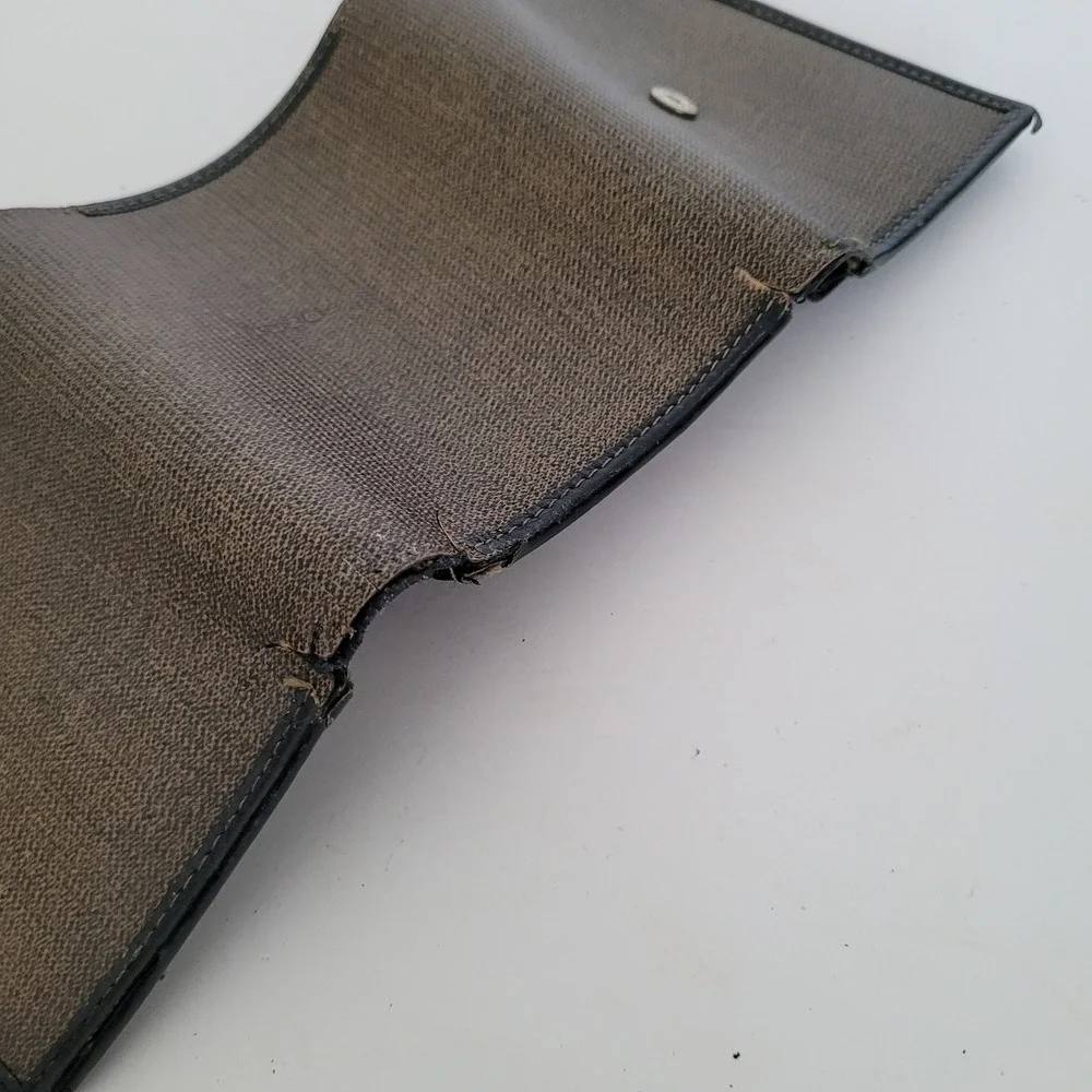 Vintage Fendi sas Brown Coated Canvas Trifold Wallet Black Leather Trim Italy